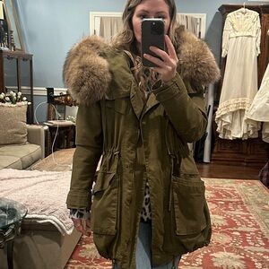 Scandi girl Olive Heavy Parka Jacket with Fur Trim on hood